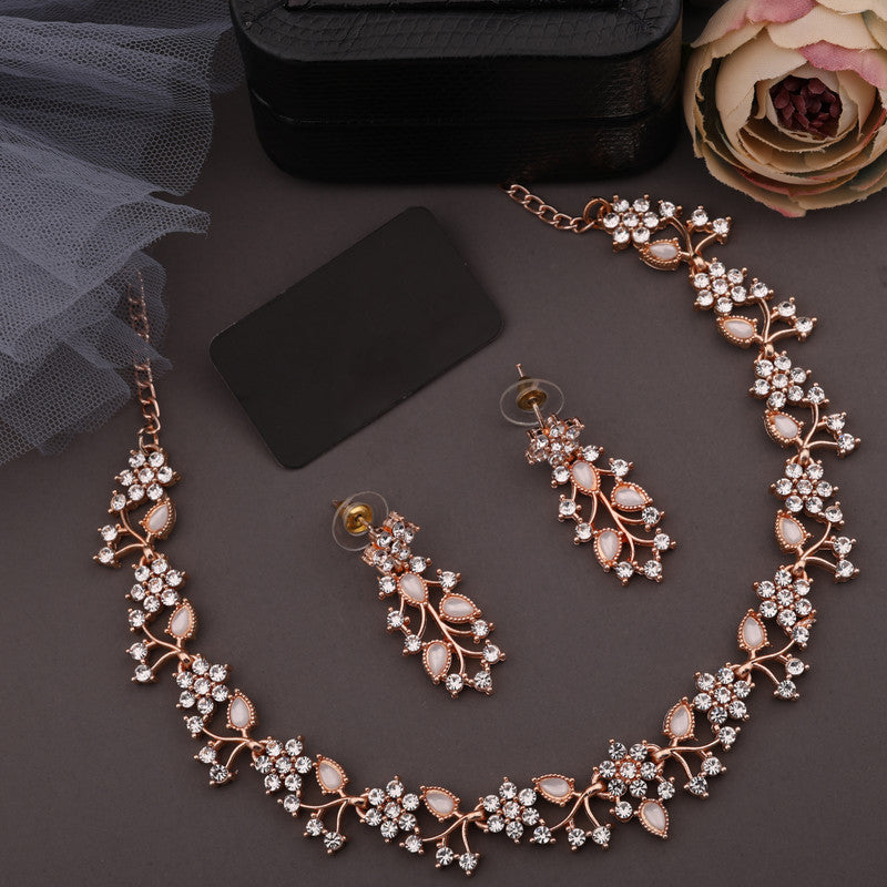 Tehzeeb Creations Rose Gold Pleated White Diamond With White Beads Necklace Set - Swadesiicart