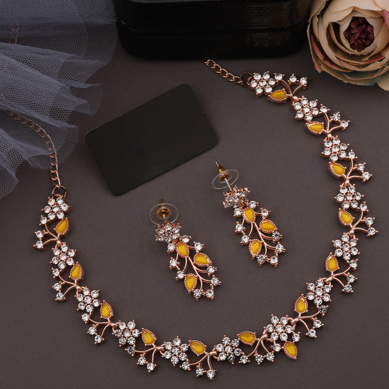 Tehzeeb Creations Rose Gold Pleated White Diamond With Yellow Beads Necklace Set - Swadesiicart