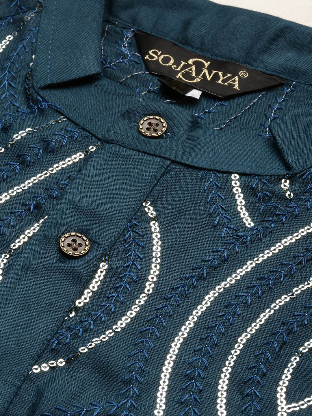 Sojanya Ethnic Motif Embroidered Band Collar Sequinned Pure Cotton Kurta | Swadesiicart