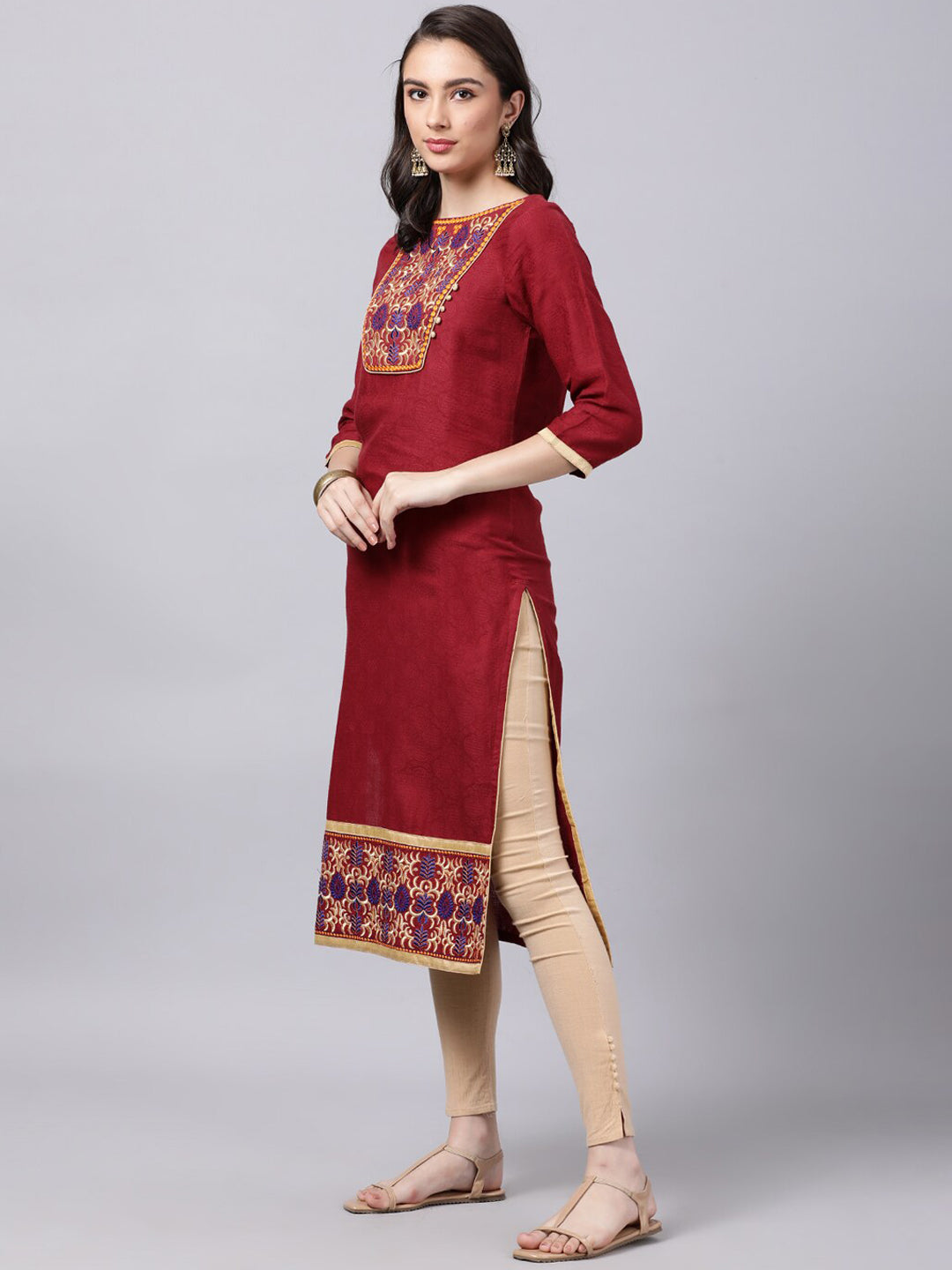 Souchii Maroon & Yellow Thread Work Grandeur & Majestic Artwork Cotton Kurta - Swadesiicart