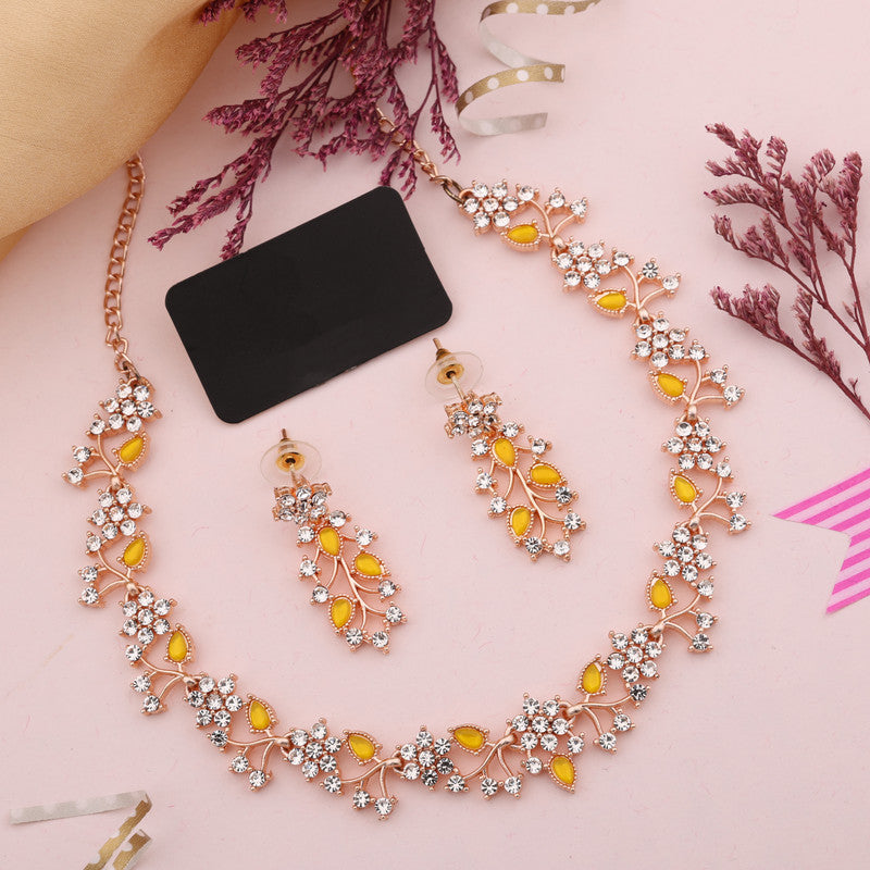 Tehzeeb Creations Rose Gold Pleated White Diamond With Yellow Beads Necklace Set - Swadesiicart