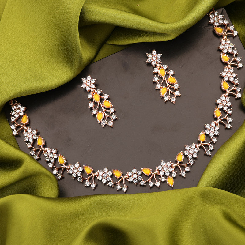 Tehzeeb Creations Rose Gold Pleated White Diamond With Yellow Beads Necklace Set - Swadesiicart