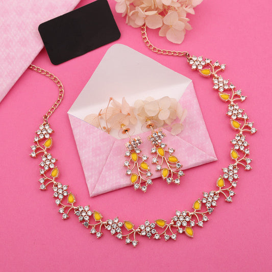 Tehzeeb Creations Rose Gold Pleated White Diamond With Yellow Beads Necklace Set - Swadesiicart