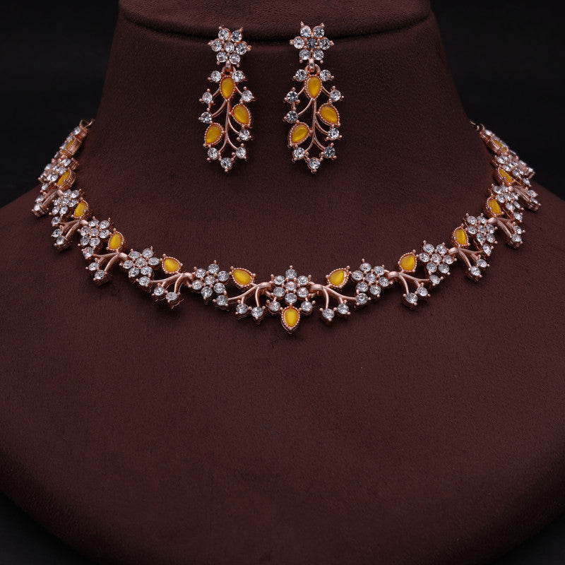Tehzeeb Creations Rose Gold Pleated White Diamond With Yellow Beads Necklace Set - Swadesiicart