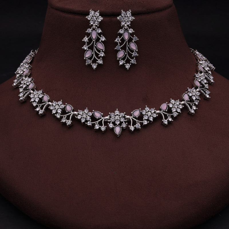 Tehzeeb Creations Silver Pleated White Diamond With Baby Pink Beads Necklace Set - Swadesiicart