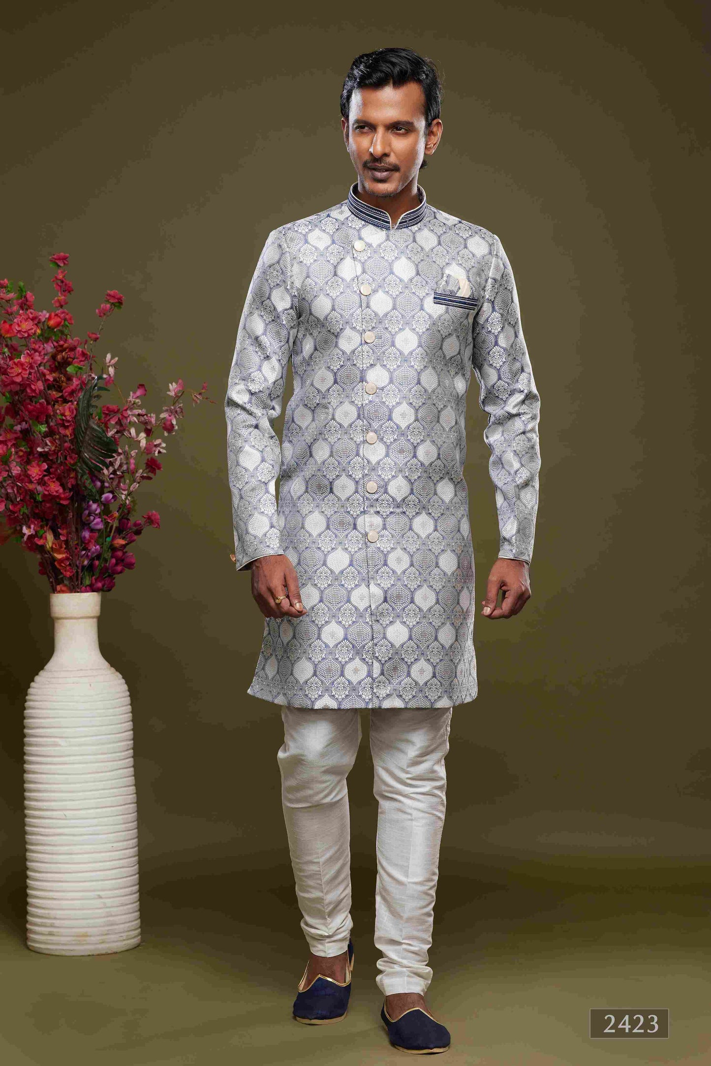 Raivat Ethnic Banarasi Jacquard Embroidery Semi Indo Western Sherwani In Grey Colour | Swadesiicart