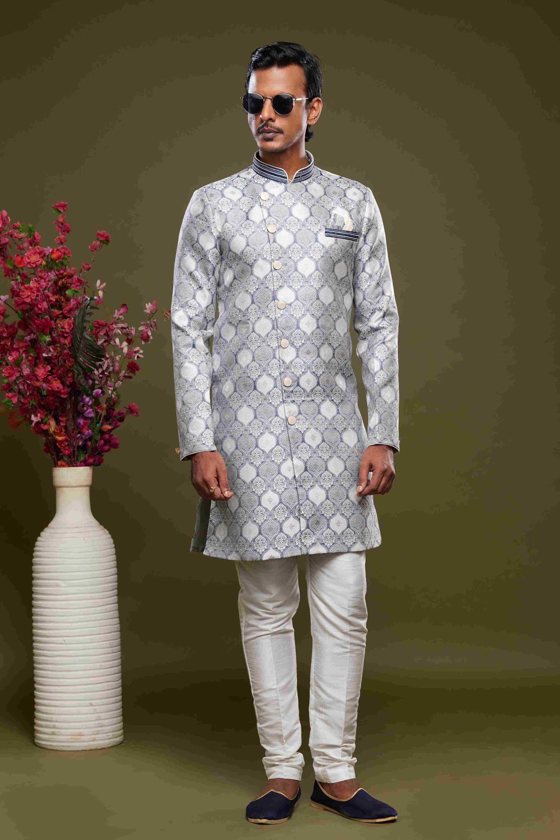 Raivat Ethnic Banarasi Jacquard Embroidery Semi Indo Western Sherwani In Grey Colour | Swadesiicart