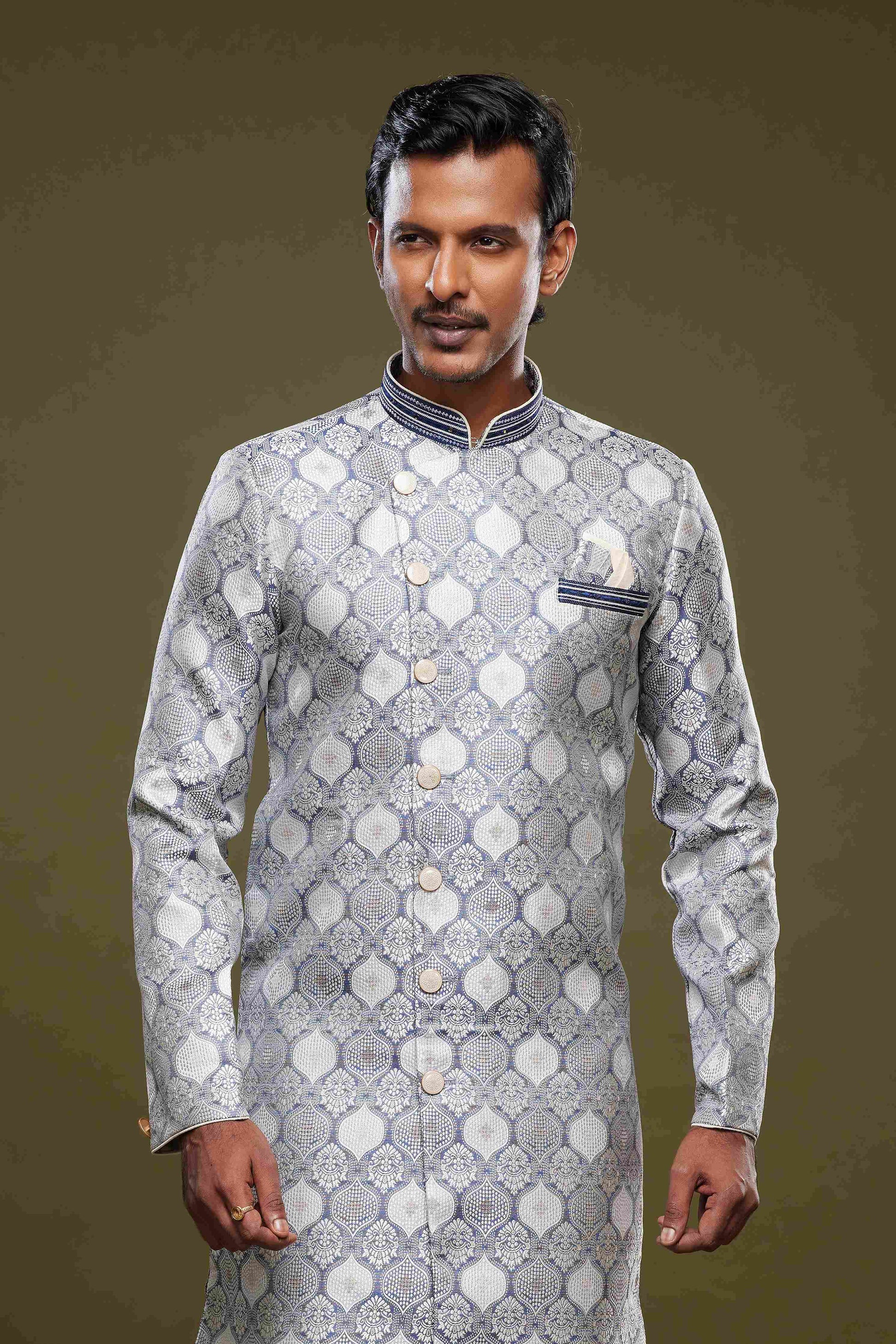 Raivat Ethnic Banarasi Jacquard Embroidery Semi Indo Western Sherwani In Grey Colour | Swadesiicart