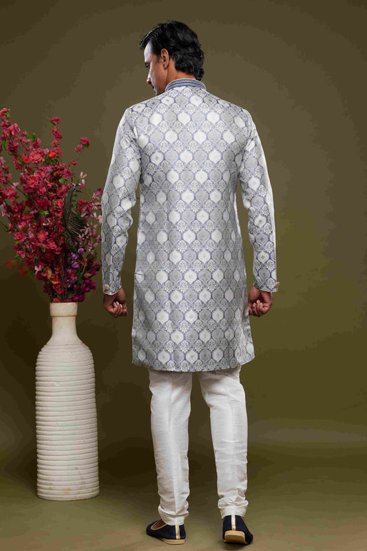 Raivat Ethnic Banarasi Jacquard Embroidery Semi Indo Western Sherwani In Grey Colour | Swadesiicart