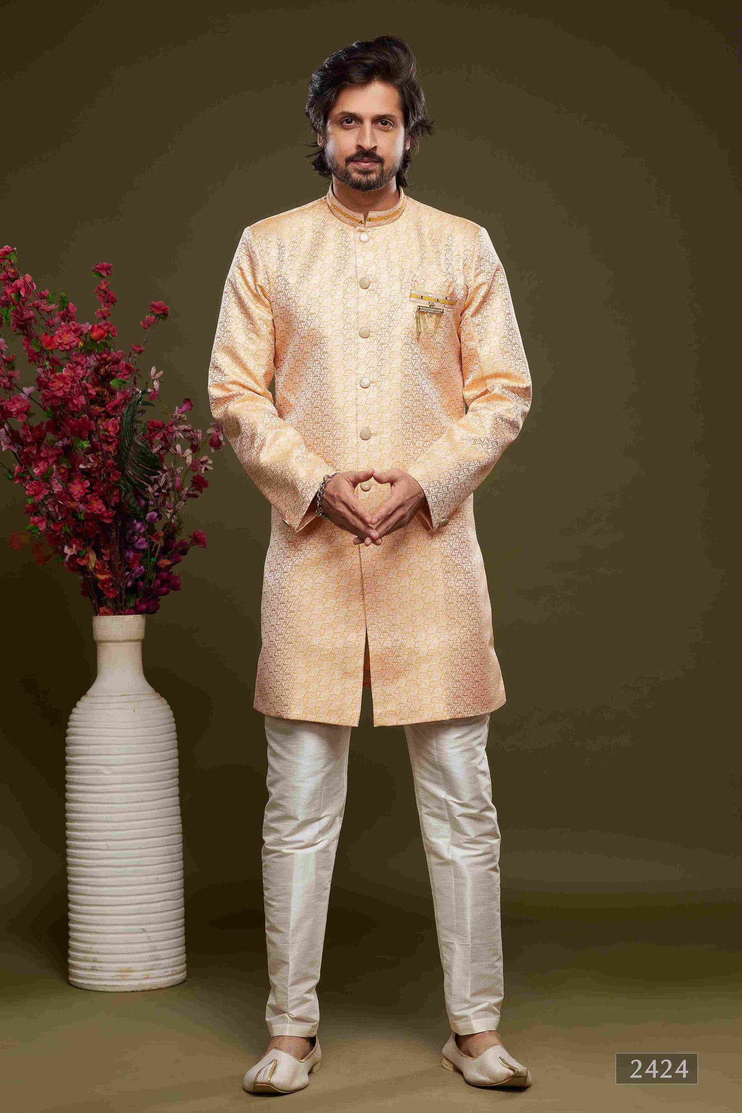 Raivat Ethnic Banarasi Jacquard Embroidery Semi Indo Western Sherwani In Orange Colour | Swadesiicart