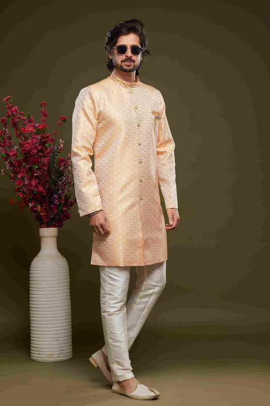 Raivat Ethnic Banarasi Jacquard Embroidery Semi Indo Western Sherwani In Orange Colour | Swadesiicart