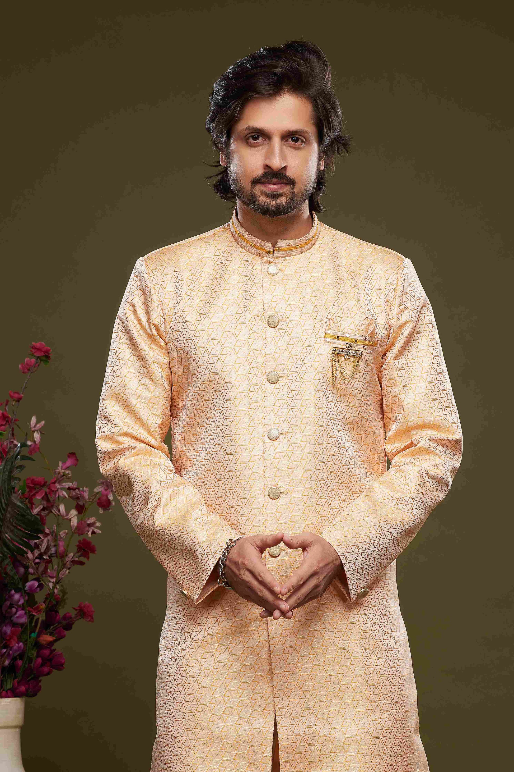 Raivat Ethnic Banarasi Jacquard Embroidery Semi Indo Western Sherwani In Orange Colour | Swadesiicart