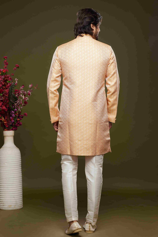 Raivat Ethnic Banarasi Jacquard Embroidery Semi Indo Western Sherwani In Orange Colour | Swadesiicart
