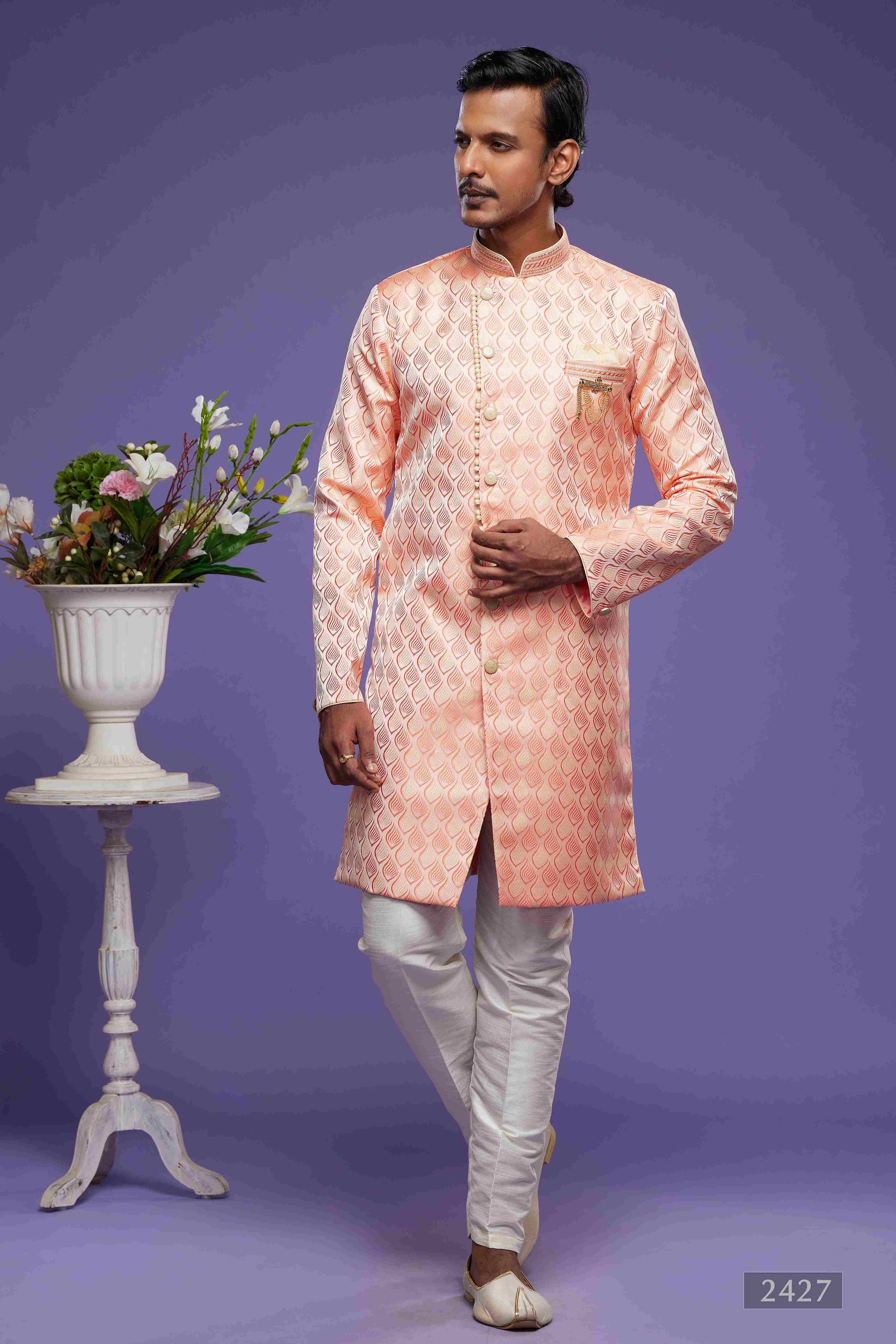 Raivat Ethnic Banarasi Jacquard Embroidery Semi Indo Western Sherwani In Pink Colour | Swadesiicart