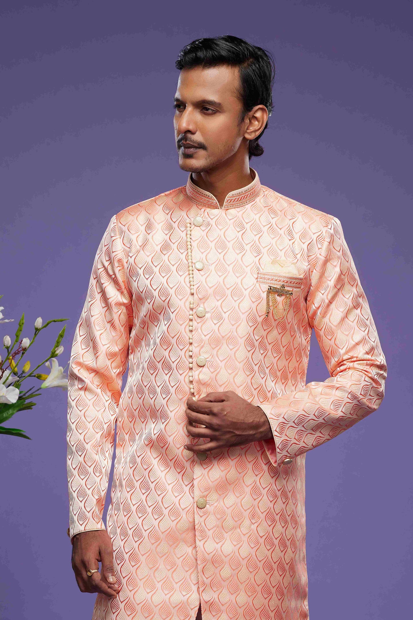 Raivat Ethnic Banarasi Jacquard Embroidery Semi Indo Western Sherwani In Pink Colour | Swadesiicart