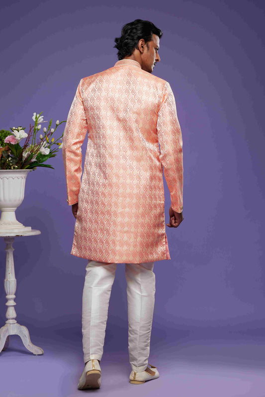 Raivat Ethnic Banarasi Jacquard Embroidery Semi Indo Western Sherwani In Pink Colour | Swadesiicart
