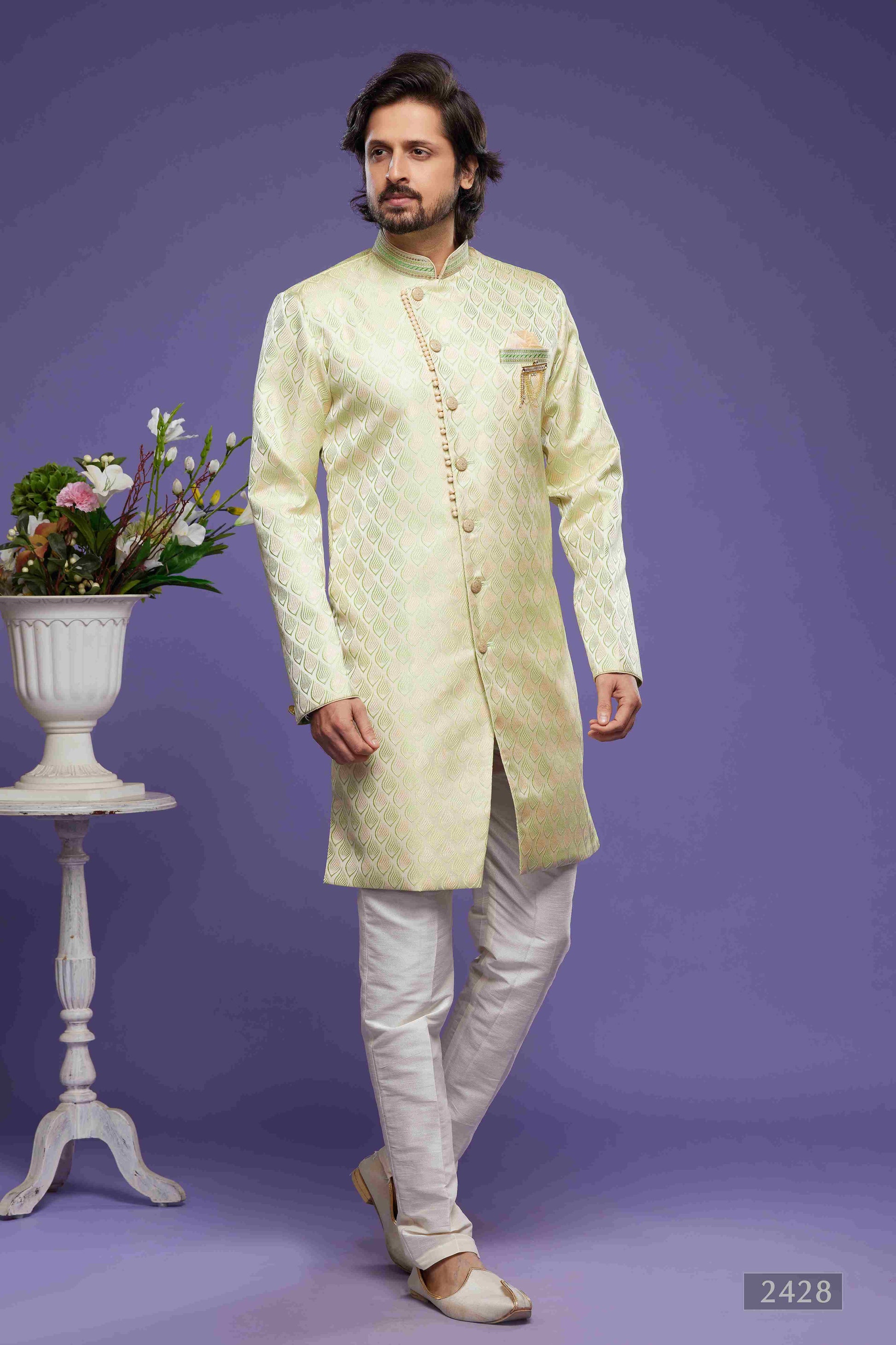 Raivat Ethnic Banarasi Jacquard Embroidery Semi Indo Western Sherwani In Pista Green Colour | Swadesiicart