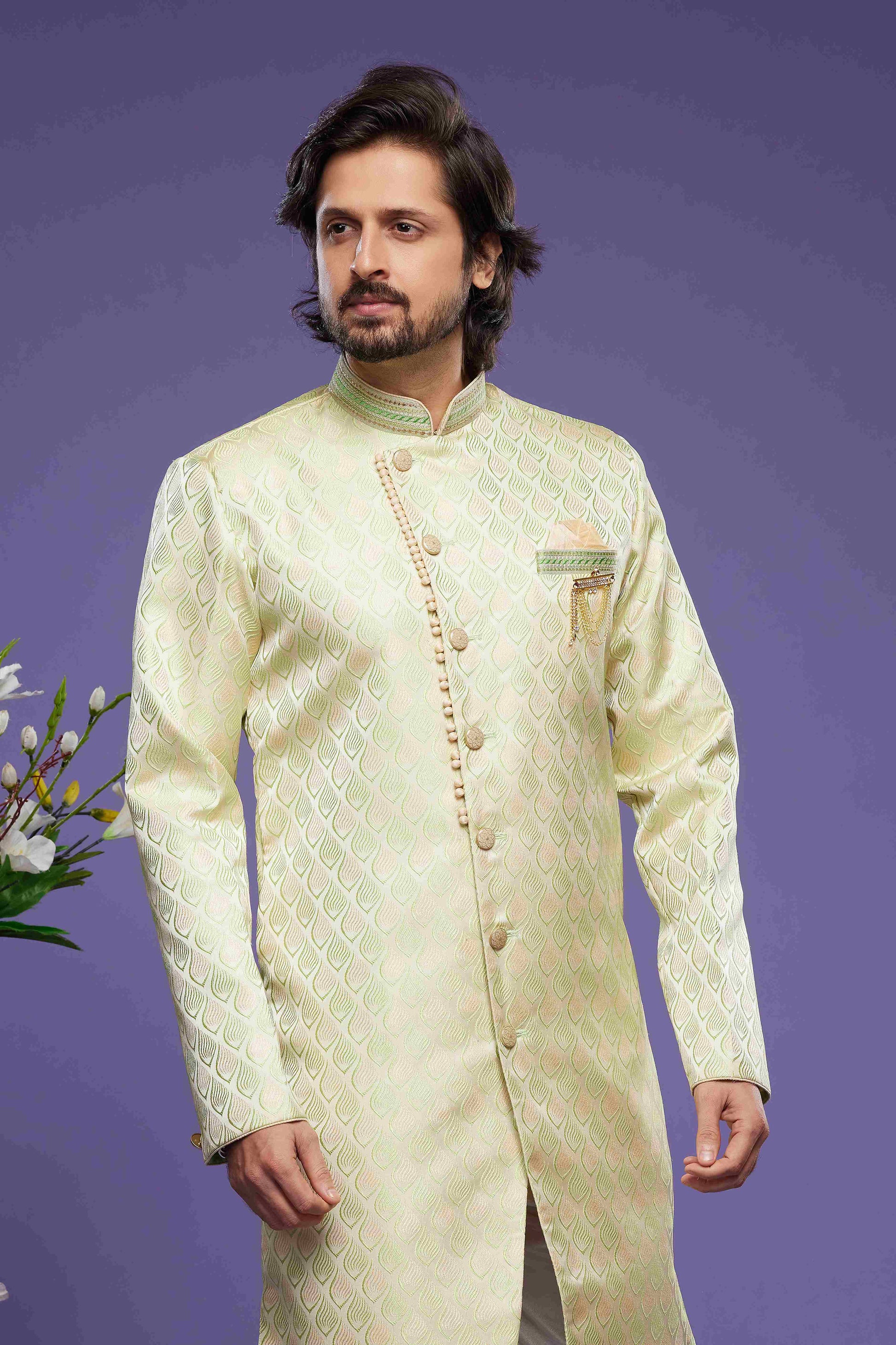 Raivat Ethnic Banarasi Jacquard Embroidery Semi Indo Western Sherwani In Pista Green Colour | Swadesiicart