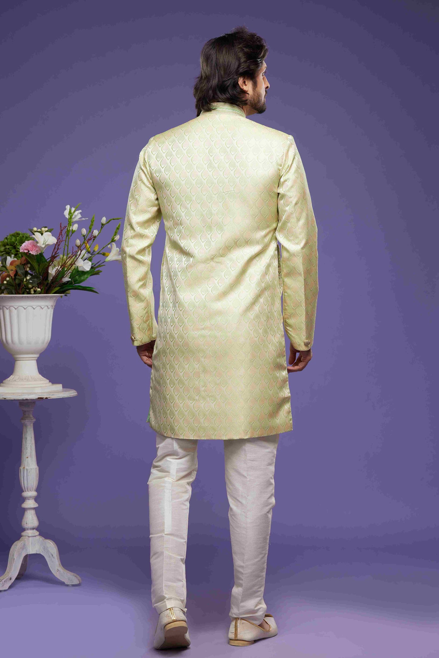 Raivat Ethnic Banarasi Jacquard Embroidery Semi Indo Western Sherwani In Pista Green Colour | Swadesiicart