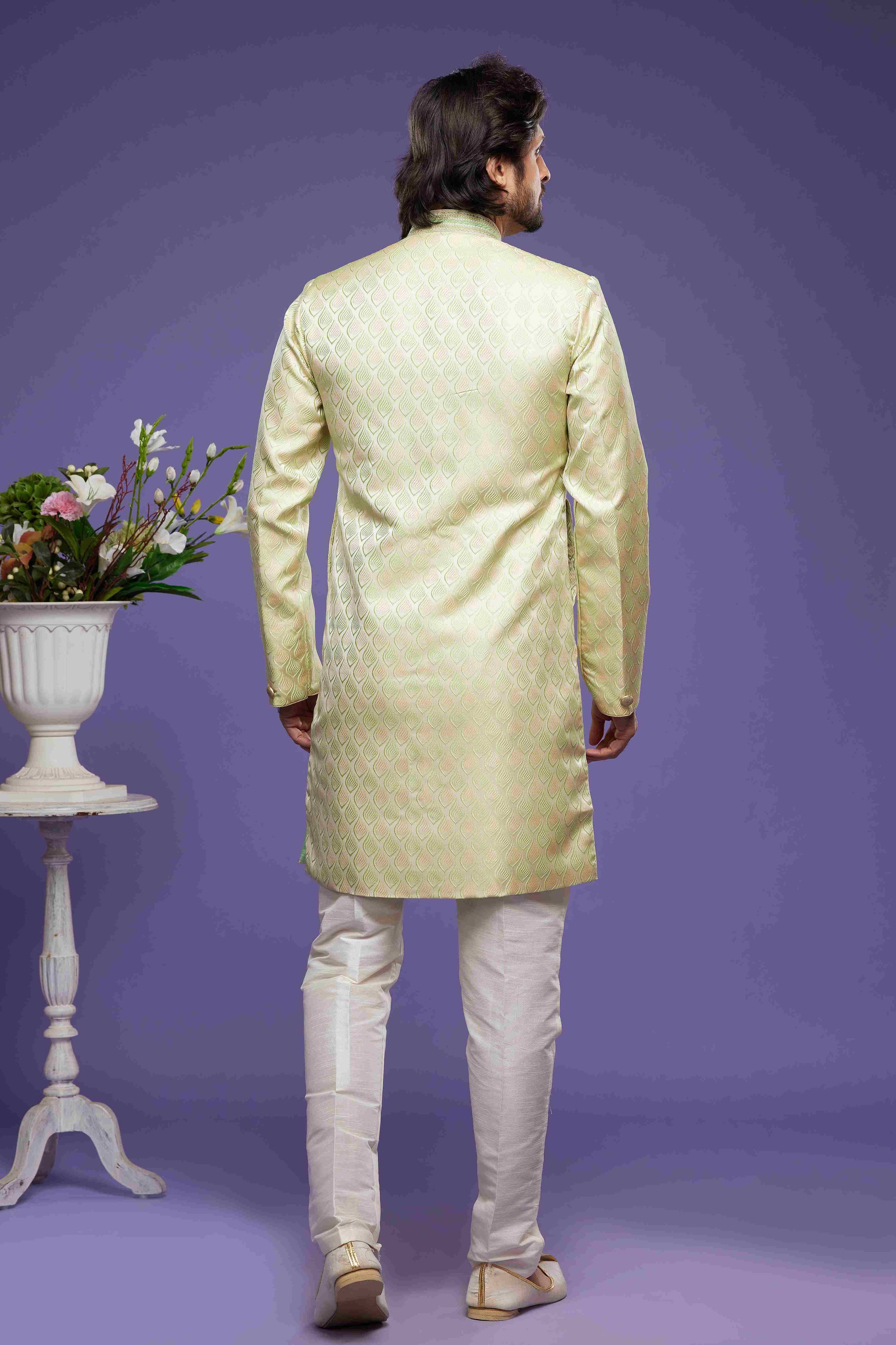 Raivat Ethnic Banarasi Jacquard Embroidery Semi Indo Western Sherwani In Pista Green Colour | Swadesiicart
