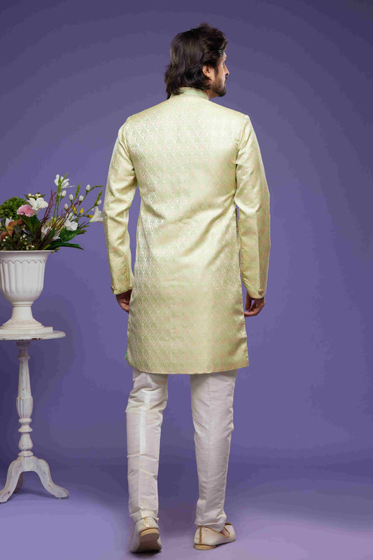Raivat Ethnic Banarasi Jacquard Embroidery Semi Indo Western Sherwani In Pista Green Colour | Swadesiicart