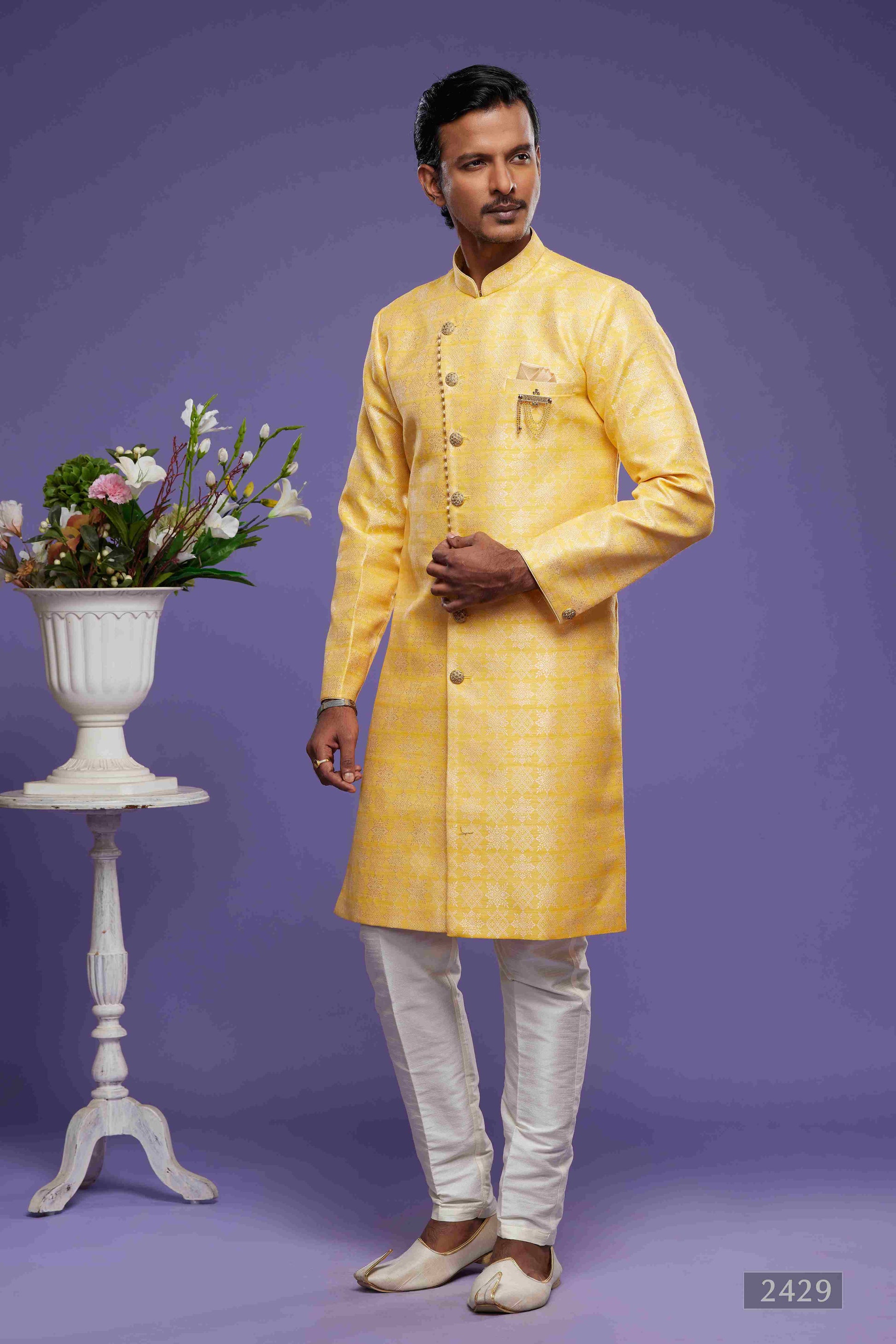 Raivat Ethnic Banarasi Jacquard Embroidery Semi Indo Western Sherwani In Yellow Colour | Swadesiicart