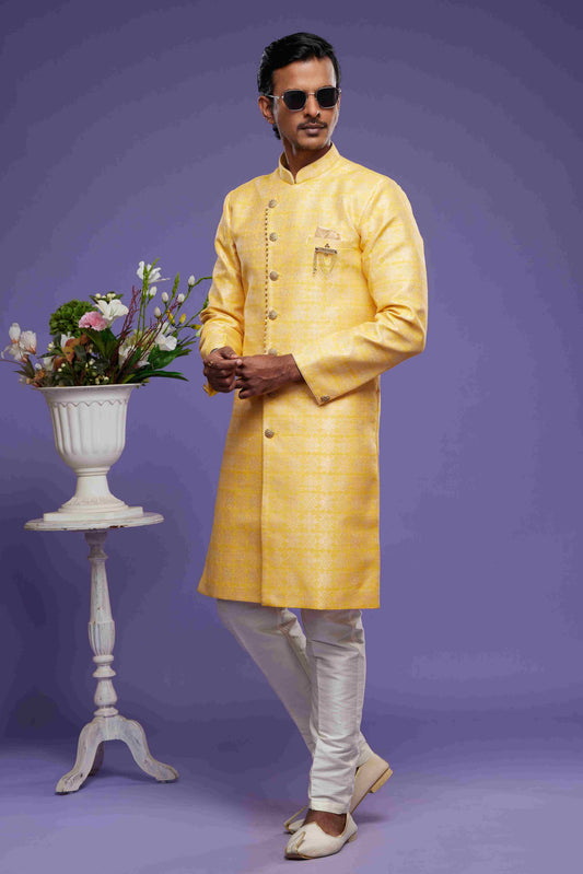 Raivat Ethnic Banarasi Jacquard Embroidery Semi Indo Western Sherwani In Yellow Colour | Swadesiicart