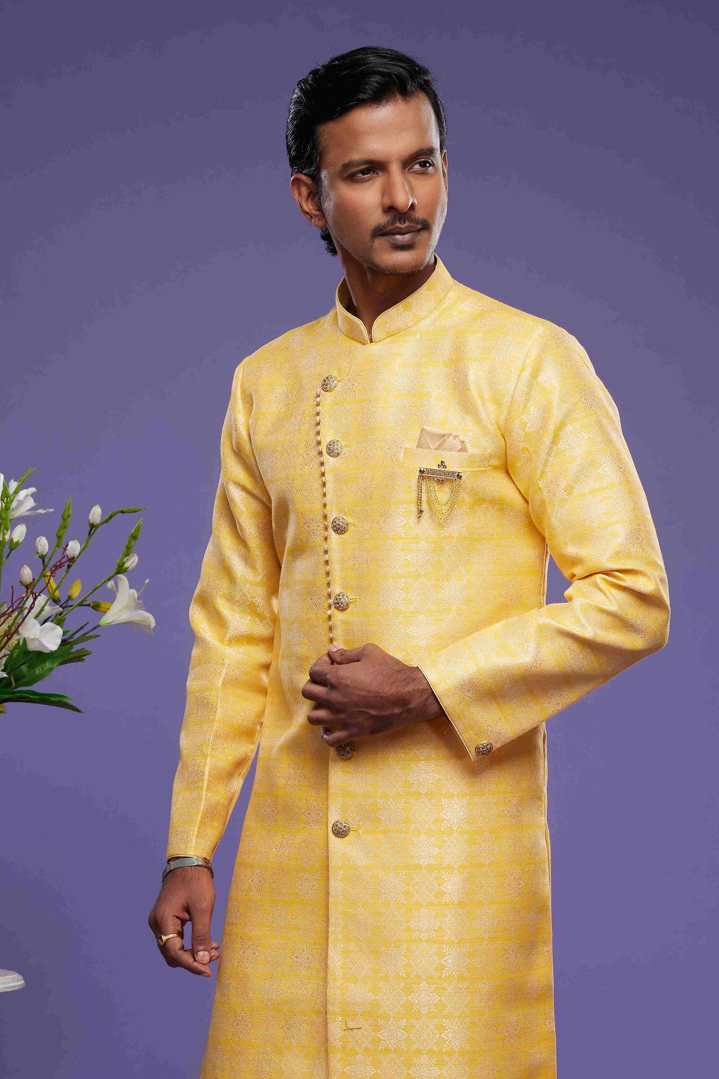 Raivat Ethnic Banarasi Jacquard Embroidery Semi Indo Western Sherwani In Yellow Colour | Swadesiicart