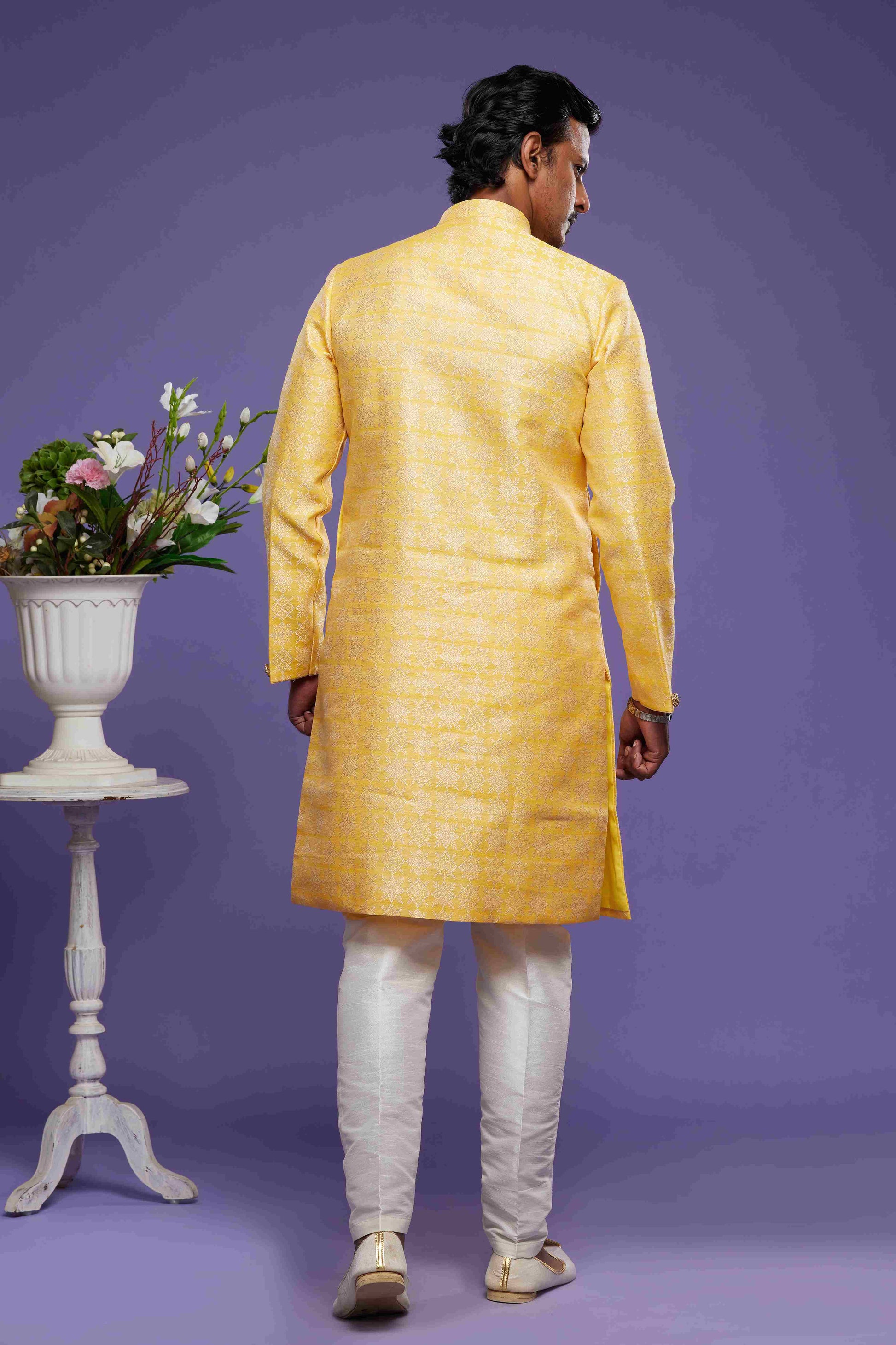 Raivat Ethnic Banarasi Jacquard Embroidery Semi Indo Western Sherwani In Yellow Colour | Swadesiicart