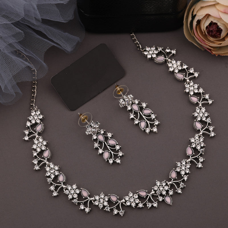 Tehzeeb Creations Silver Pleated White Diamond With Baby Pink Beads Necklace Set - Swadesiicart