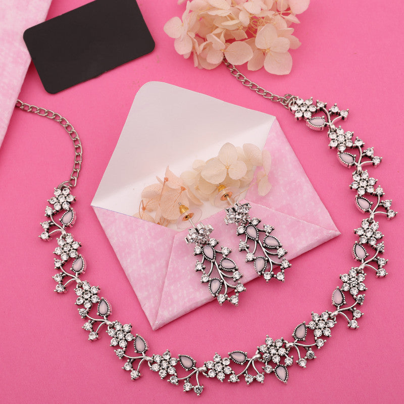 Tehzeeb Creations Silver Pleated White Diamond With Baby Pink Beads Necklace Set - Swadesiicart