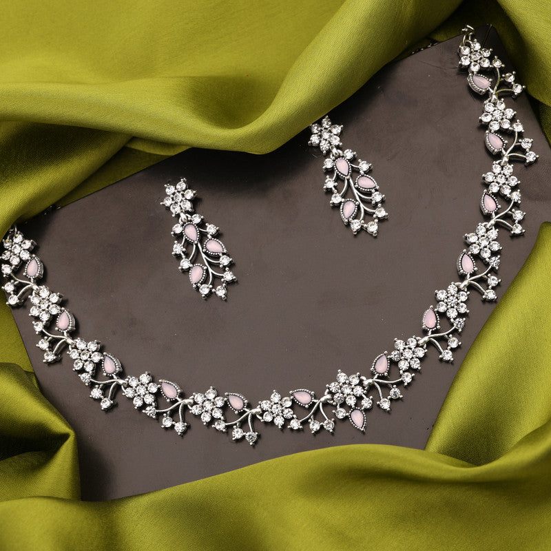 Tehzeeb Creations Silver Pleated White Diamond With Baby Pink Beads Necklace Set - Swadesiicart