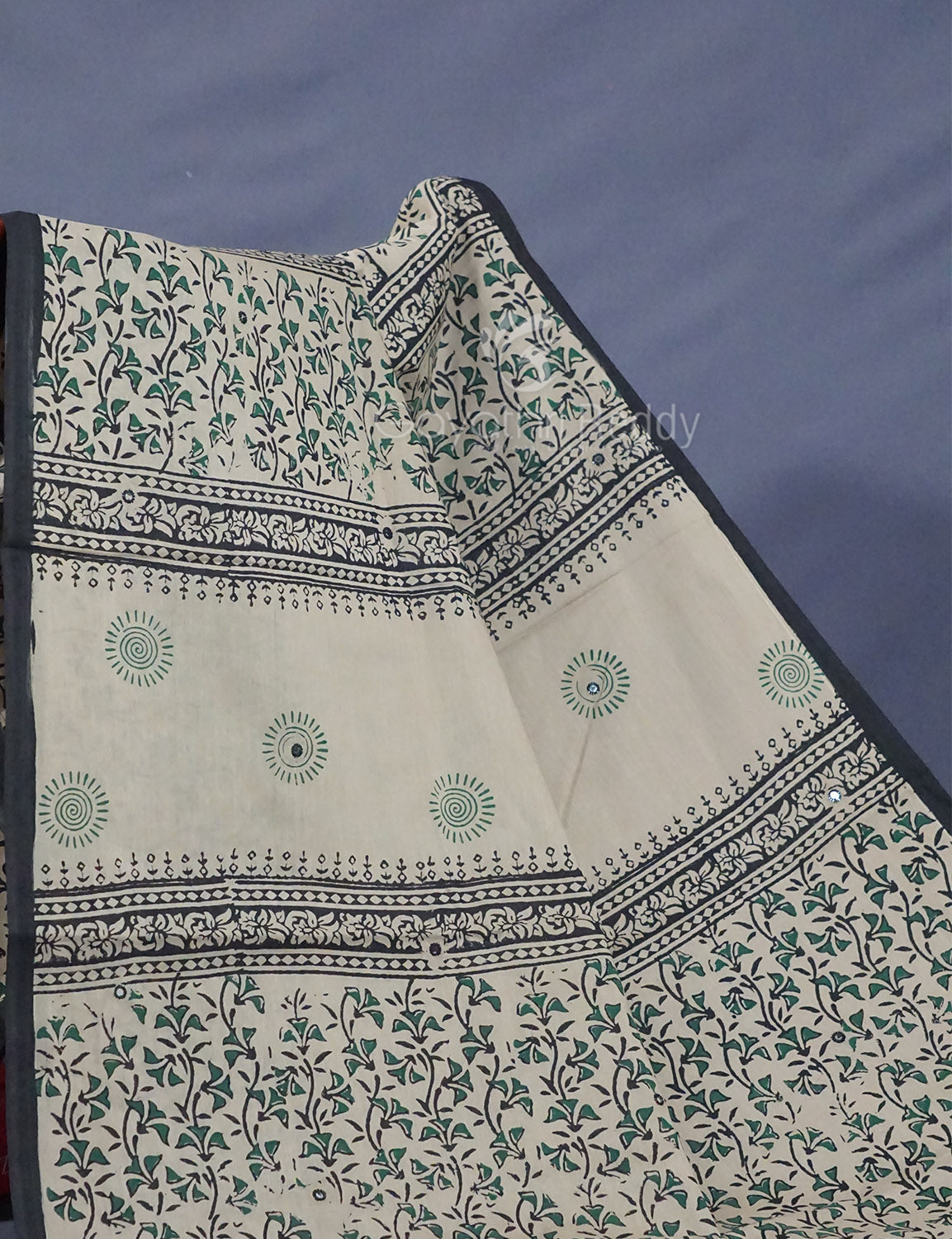 Light Olive Mix Grey Colour Block Print With Mirron Embroidered Pure Mulmul Cotton Saree By Gayathri Reddy Designer Studio | Swadesiicart
