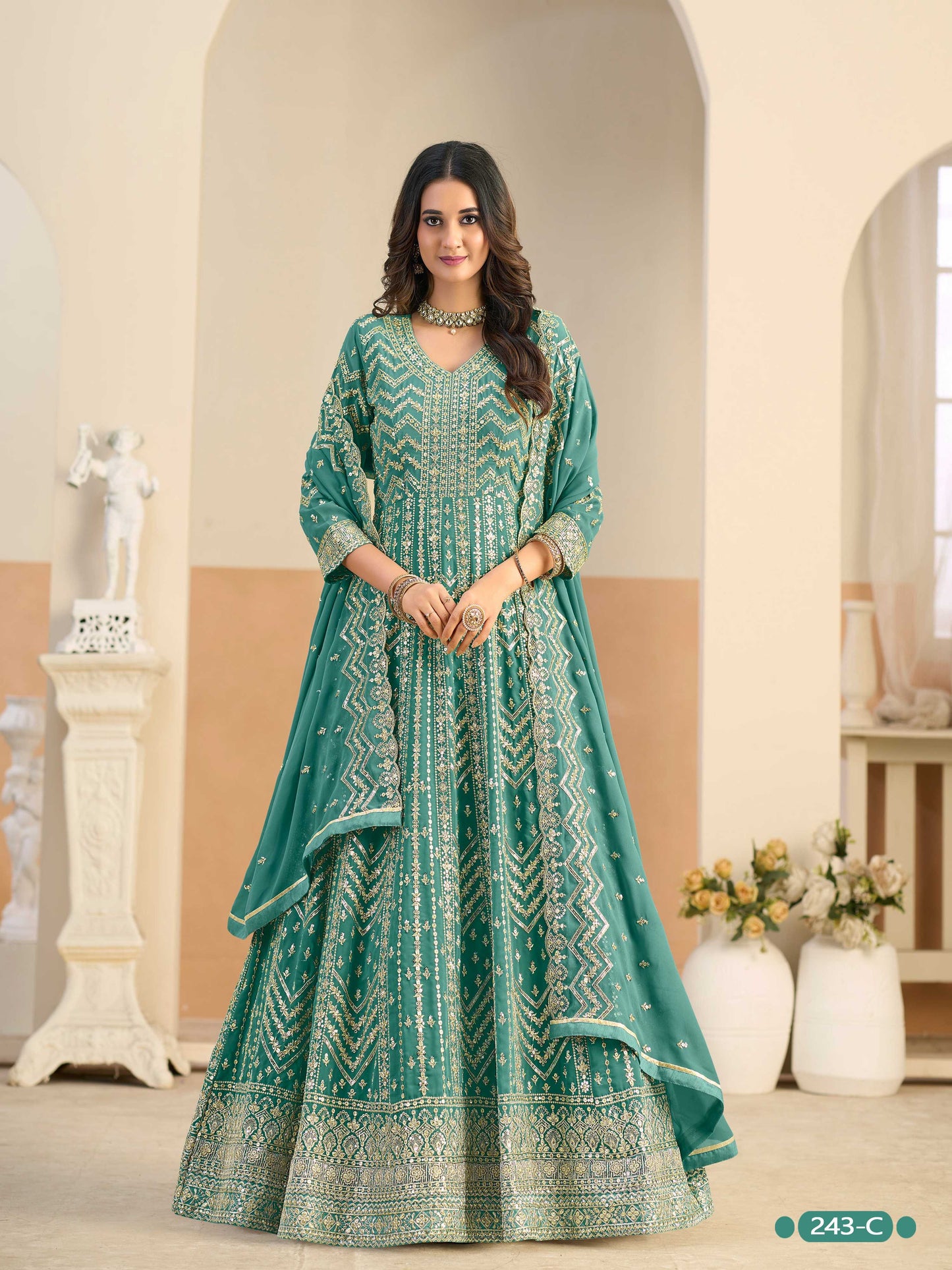 Anaita Turquoise Faux Georgette Anarkali Suit With Embroidery Work