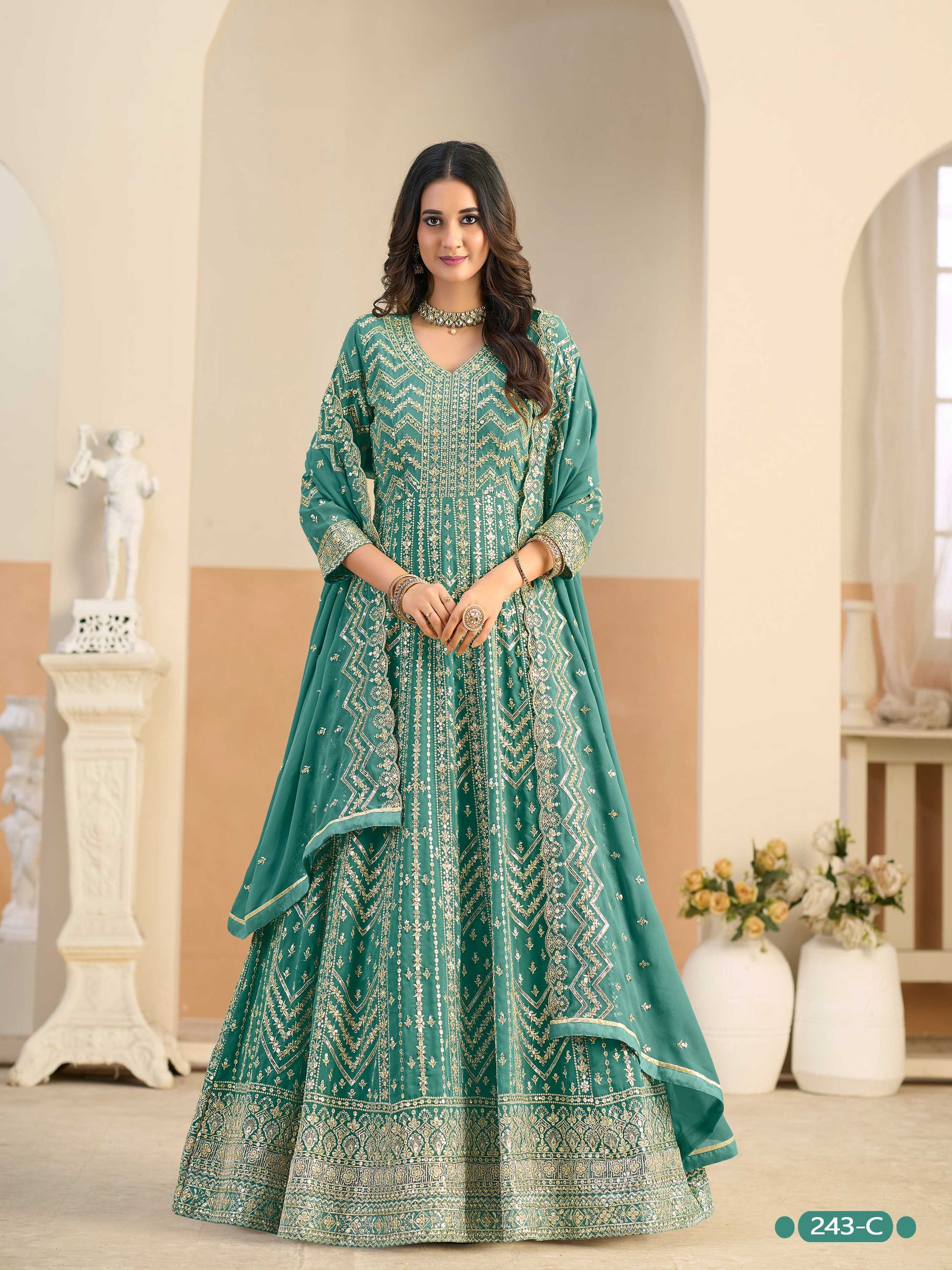 Anaita Turquoise Faux Georgette Anarkali Suit With Embroidery Work