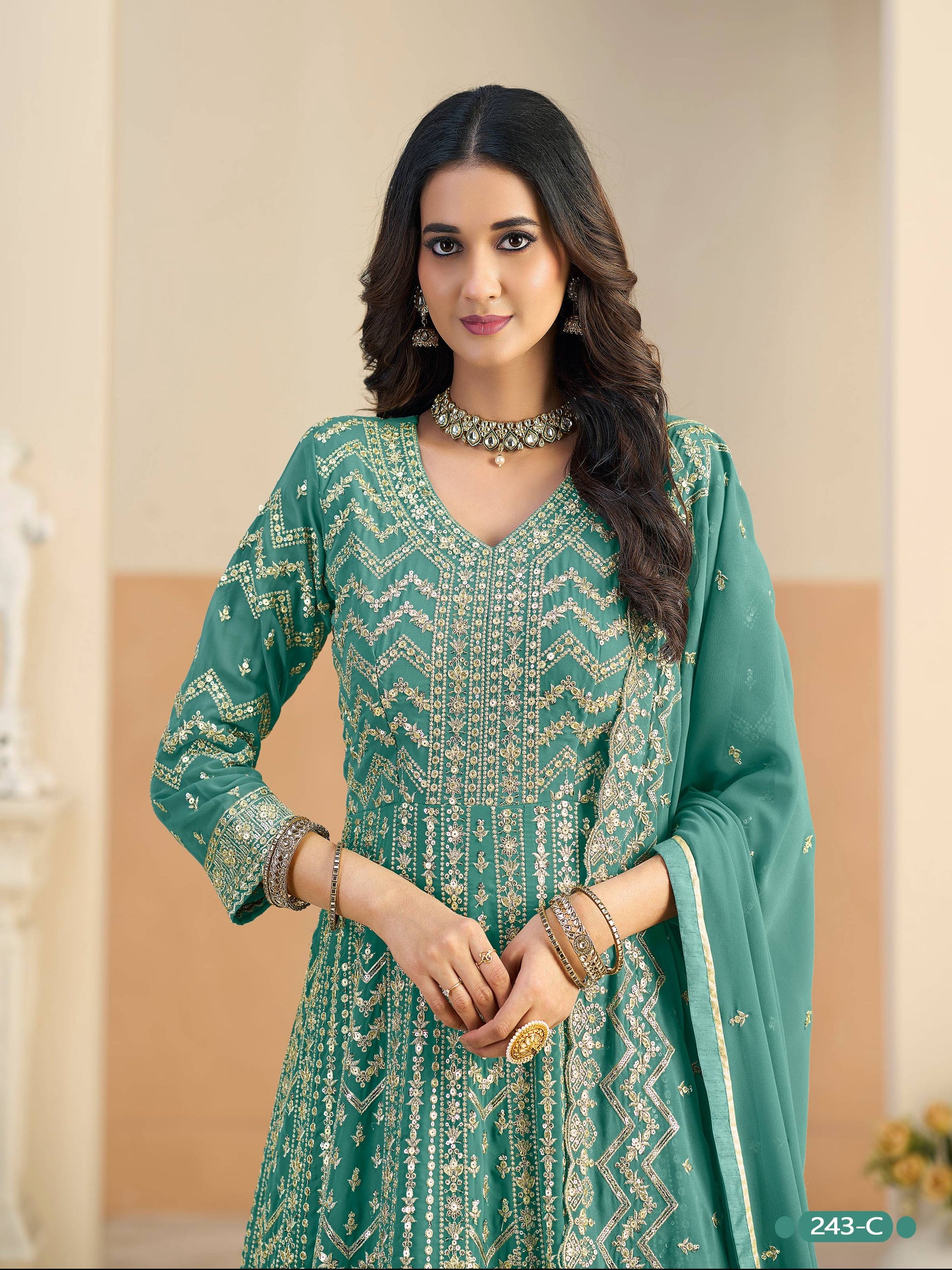 Anaita Turquoise Faux Georgette Anarkali Suit With Embroidery Work