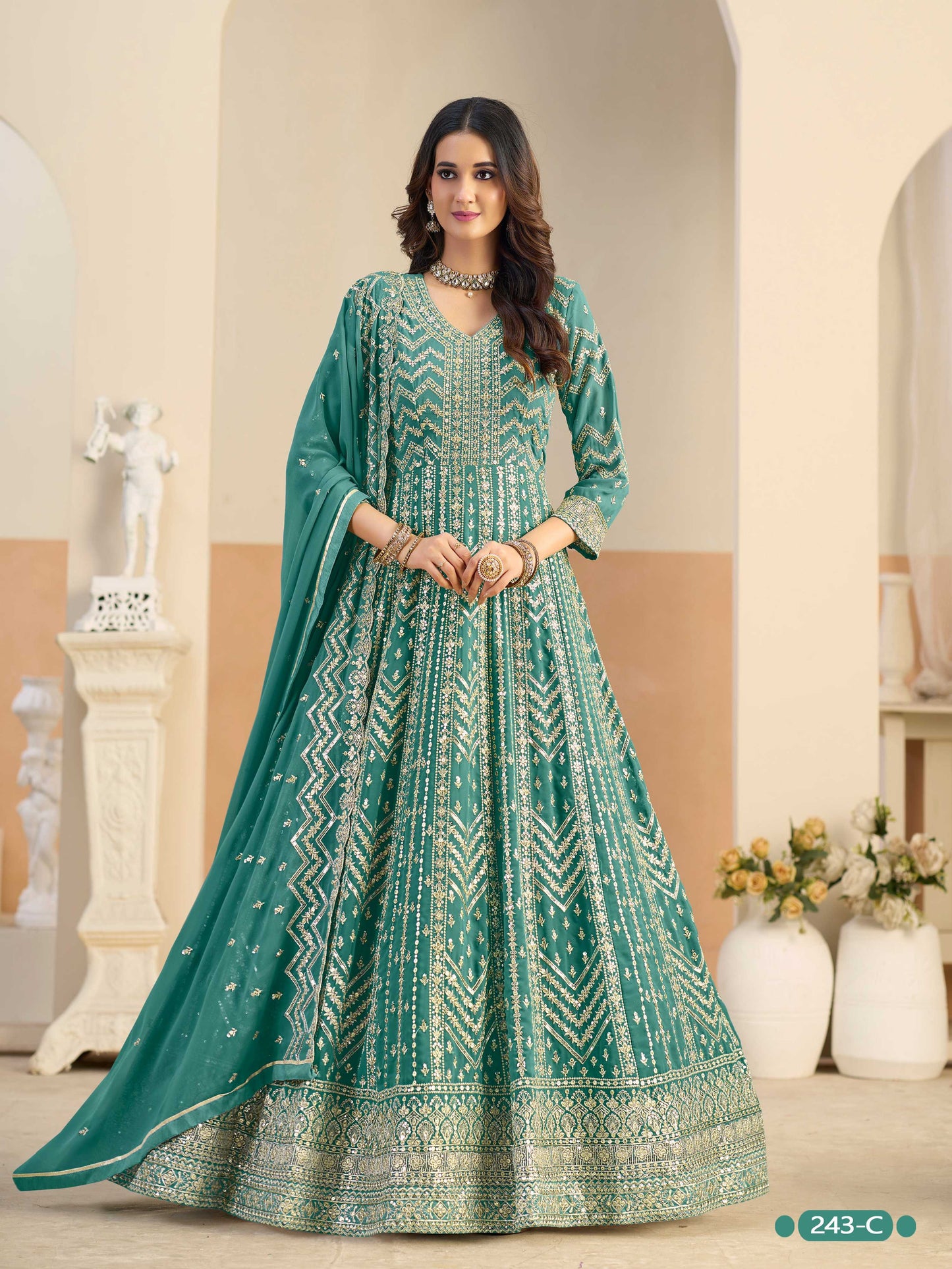Anaita Turquoise Faux Georgette Anarkali Suit With Embroidery Work