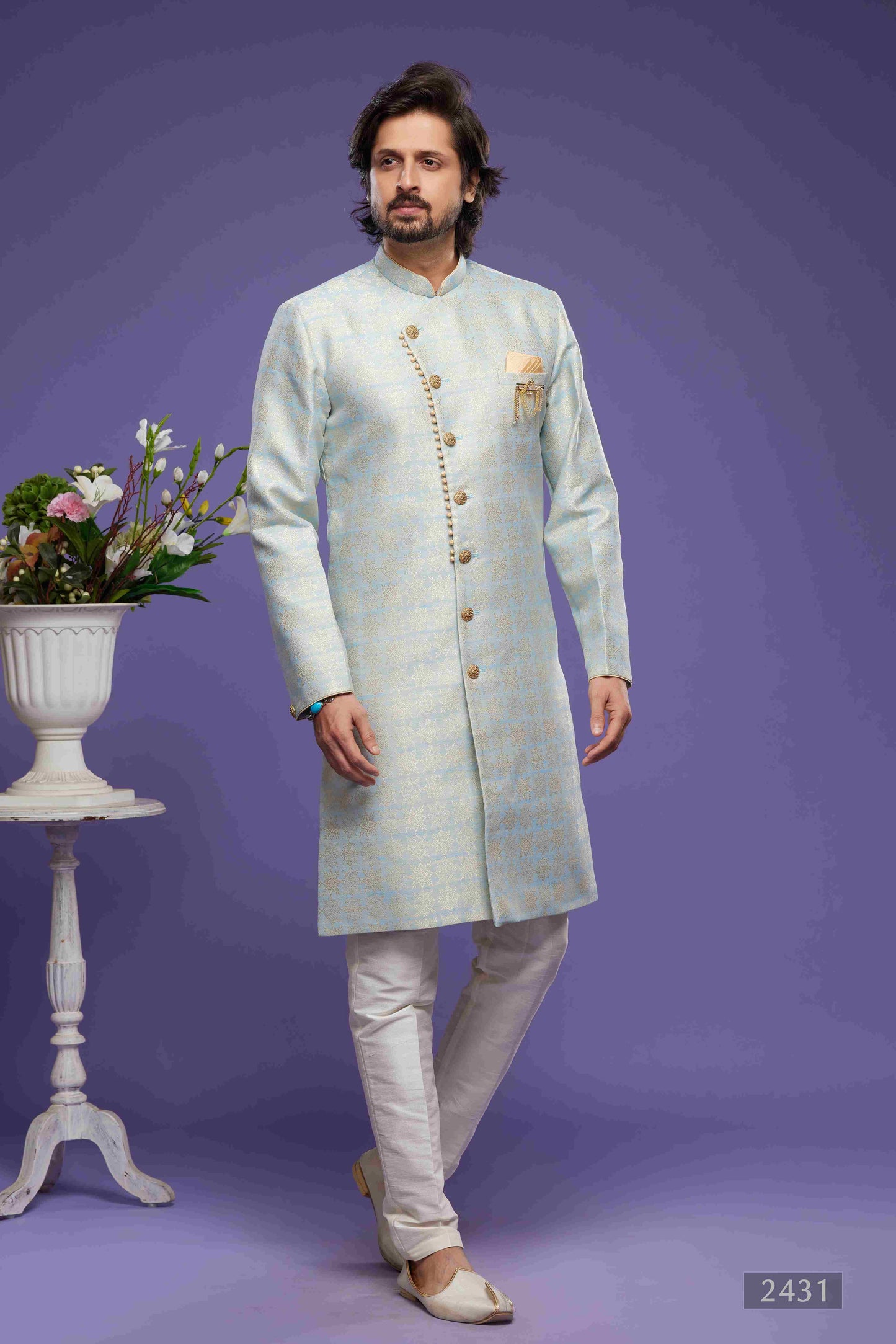 Raivat Ethnic Banarasi Jacquard Embroidery Semi Indo Western Sherwani In Sky Blue Colour | Swadesiicart