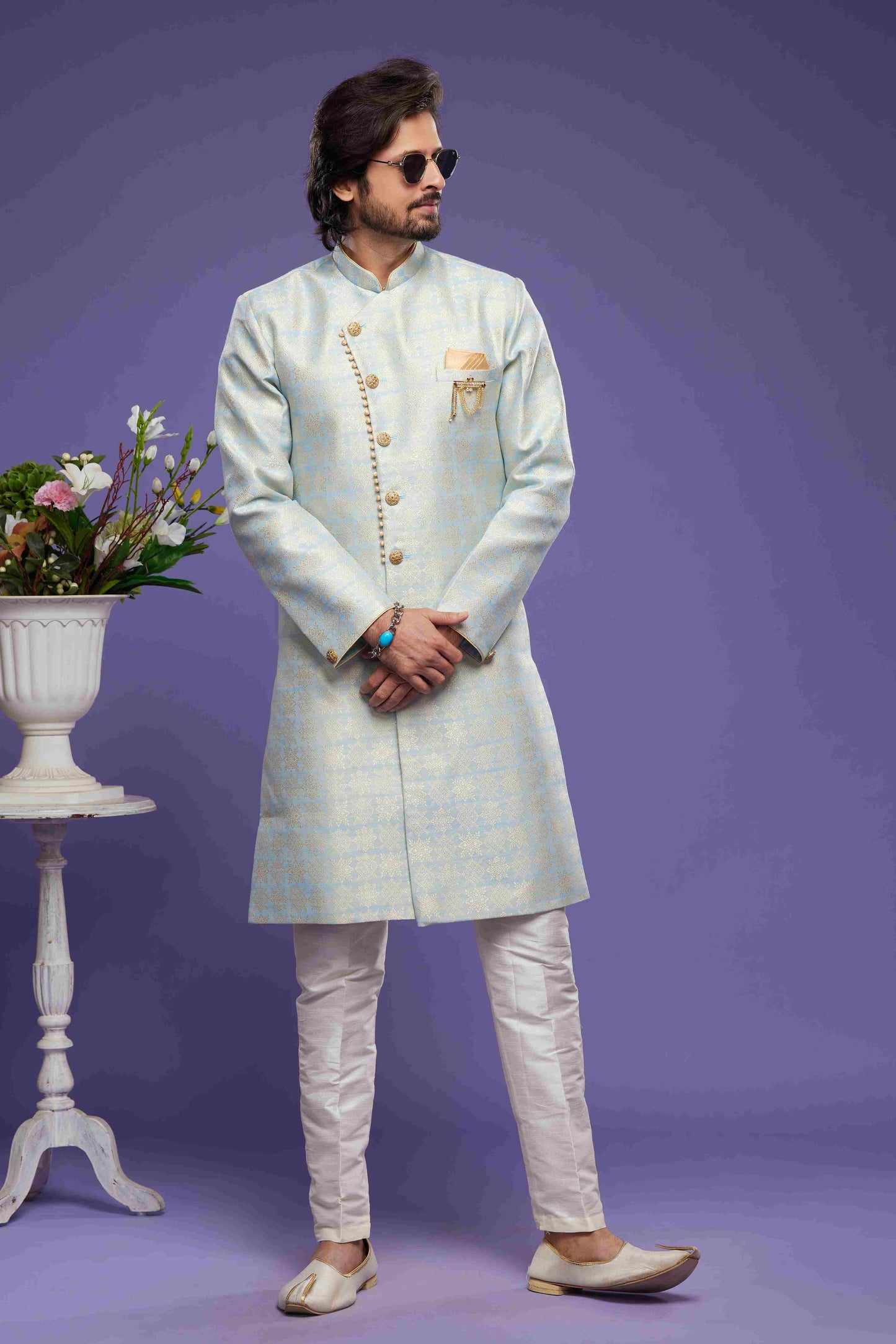 Raivat Ethnic Banarasi Jacquard Embroidery Semi Indo Western Sherwani In Sky Blue Colour | Swadesiicart
