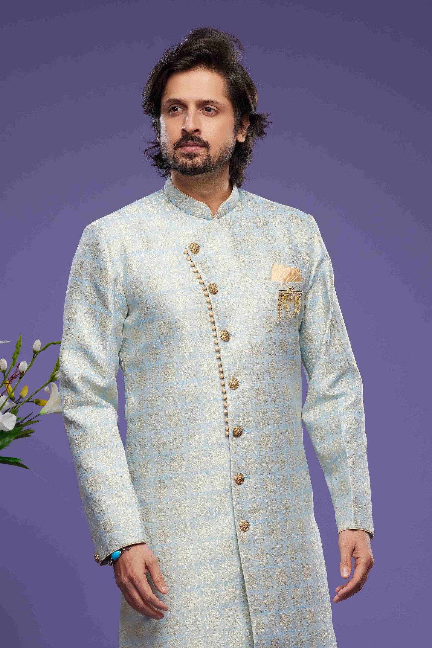 Raivat Ethnic Banarasi Jacquard Embroidery Semi Indo Western Sherwani In Sky Blue Colour | Swadesiicart