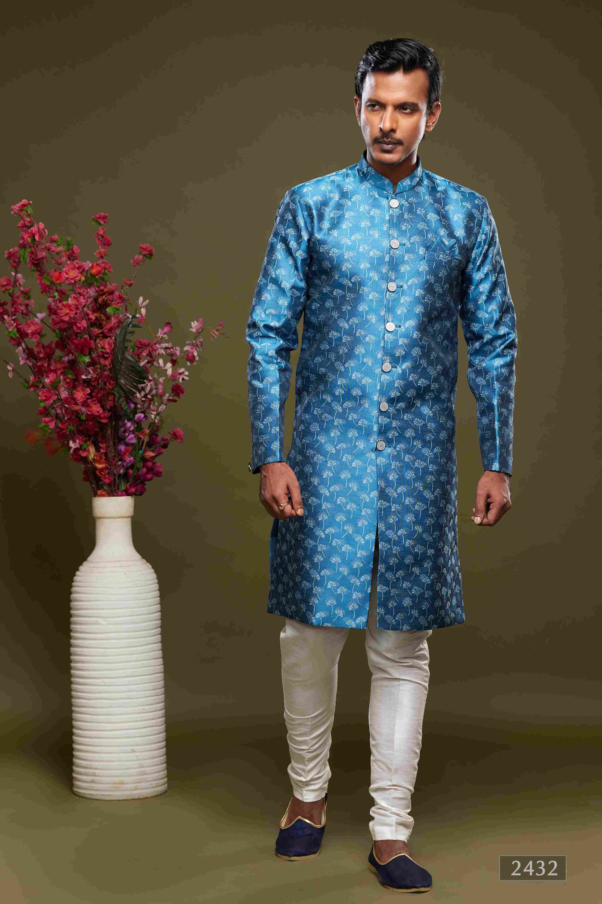 Raivat Ethnic Banarasi Jacquard Embroidery Semi Indo Western Sherwani In Blue Colour | Swadesiicart