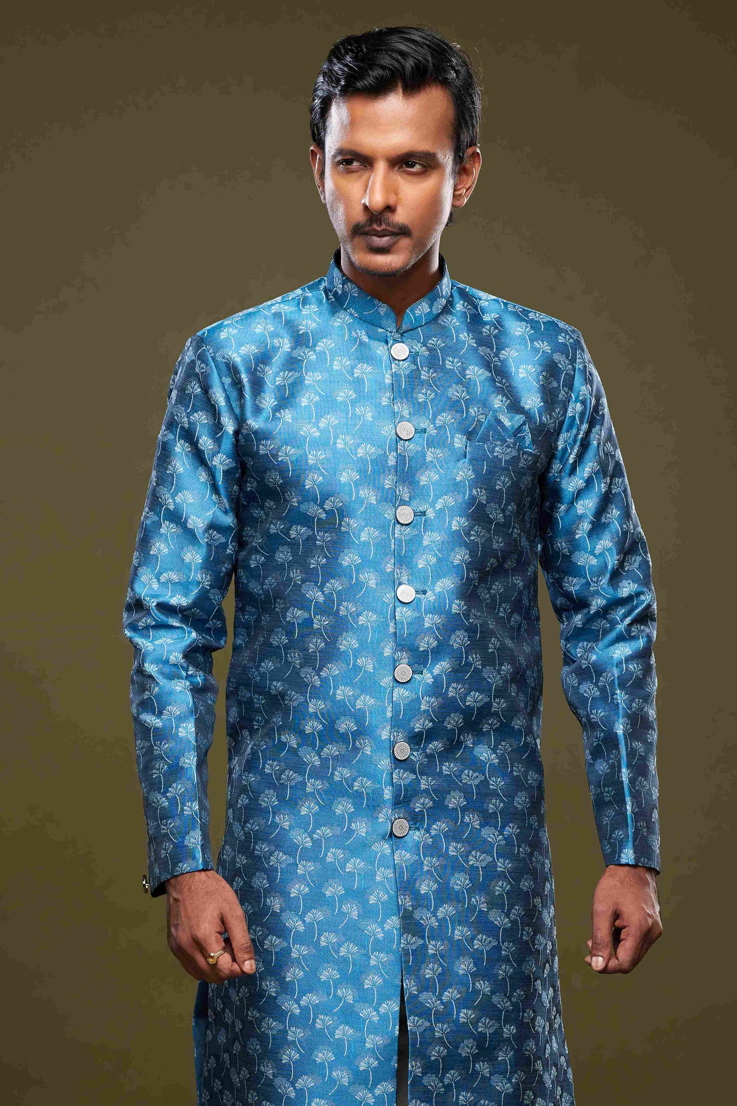 Raivat Ethnic Banarasi Jacquard Embroidery Semi Indo Western Sherwani In Blue Colour | Swadesiicart