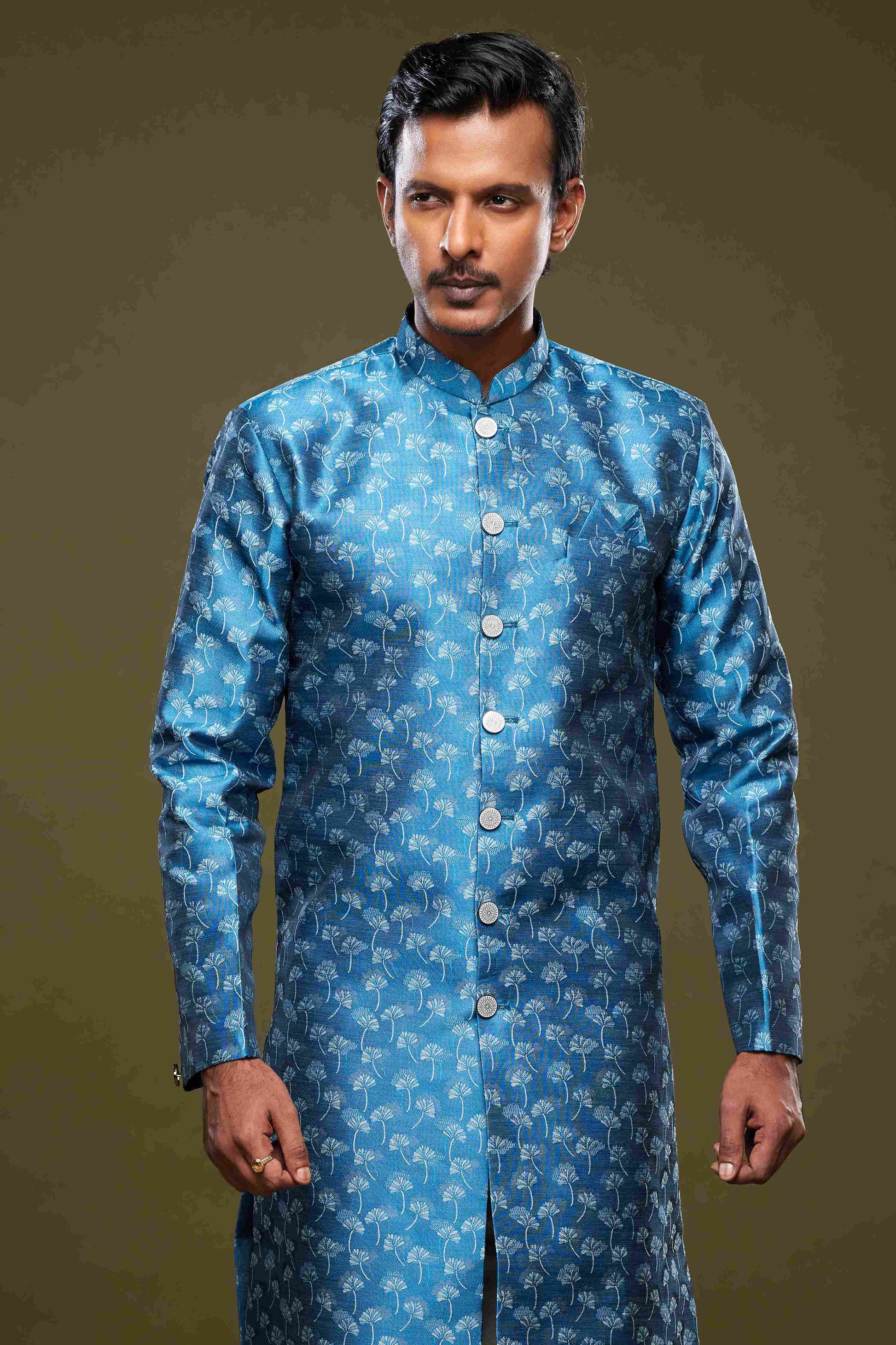 Raivat Ethnic Banarasi Jacquard Embroidery Semi Indo Western Sherwani In Blue Colour | Swadesiicart