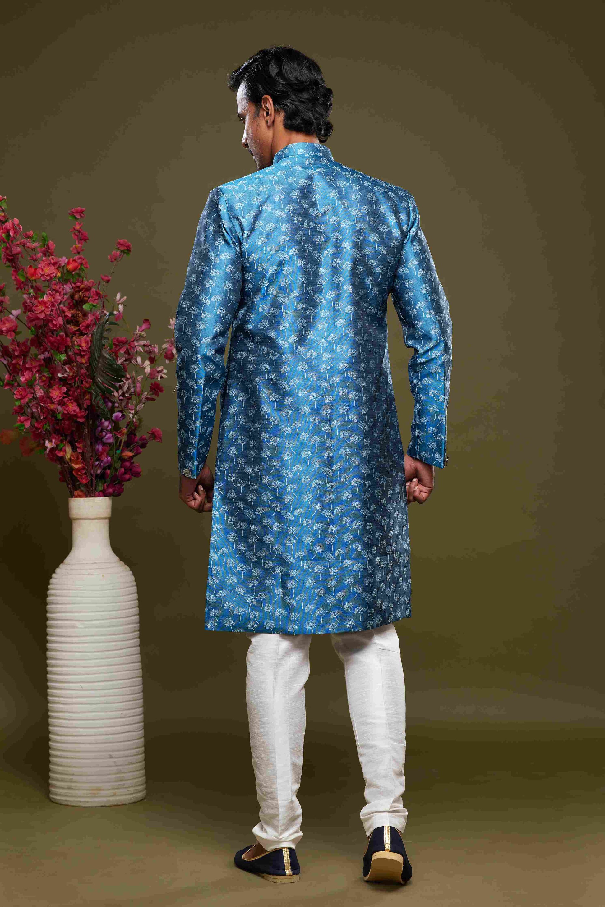 Raivat Ethnic Banarasi Jacquard Embroidery Semi Indo Western Sherwani In Blue Colour | Swadesiicart