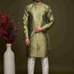 Raivat Ethnic Banarasi Jacquard Embroidery Semi Indo Western Sherwani In Green Colour | Swadesiicart