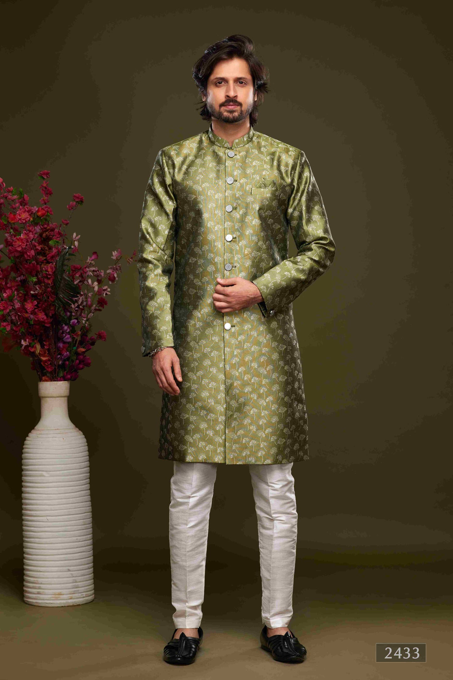 Raivat Ethnic Banarasi Jacquard Embroidery Semi Indo Western Sherwani In Green Colour | Swadesiicart