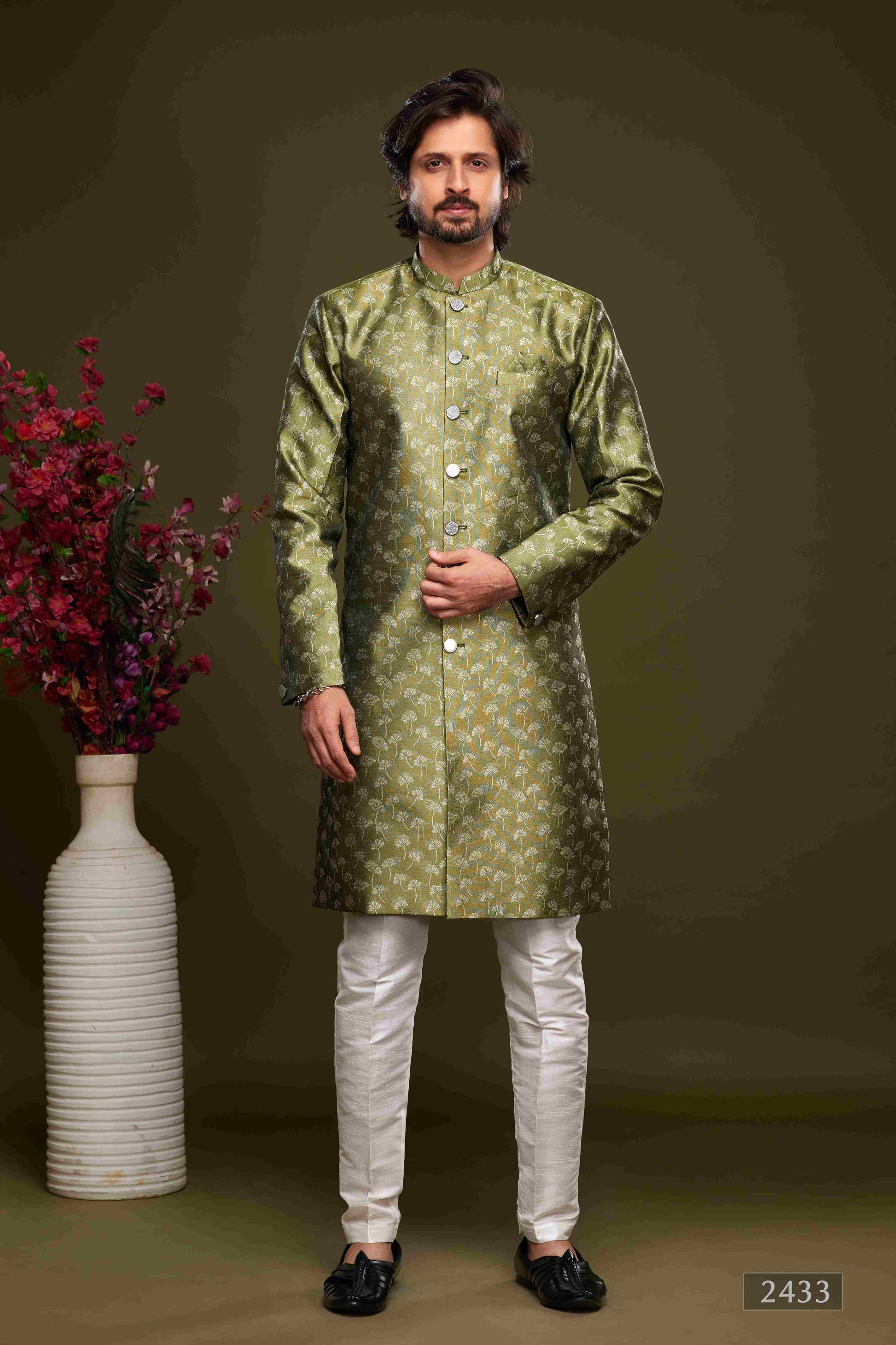 Raivat Ethnic Banarasi Jacquard Embroidery Semi Indo Western Sherwani In Green Colour | Swadesiicart