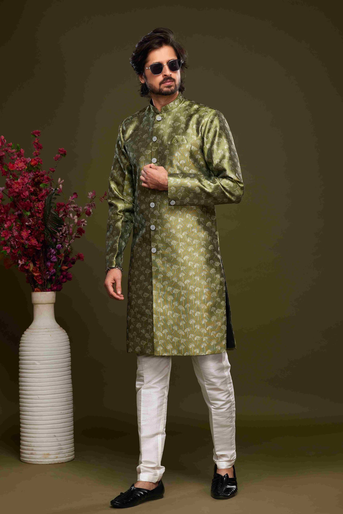 Raivat Ethnic Banarasi Jacquard Embroidery Semi Indo Western Sherwani In Green Colour | Swadesiicart