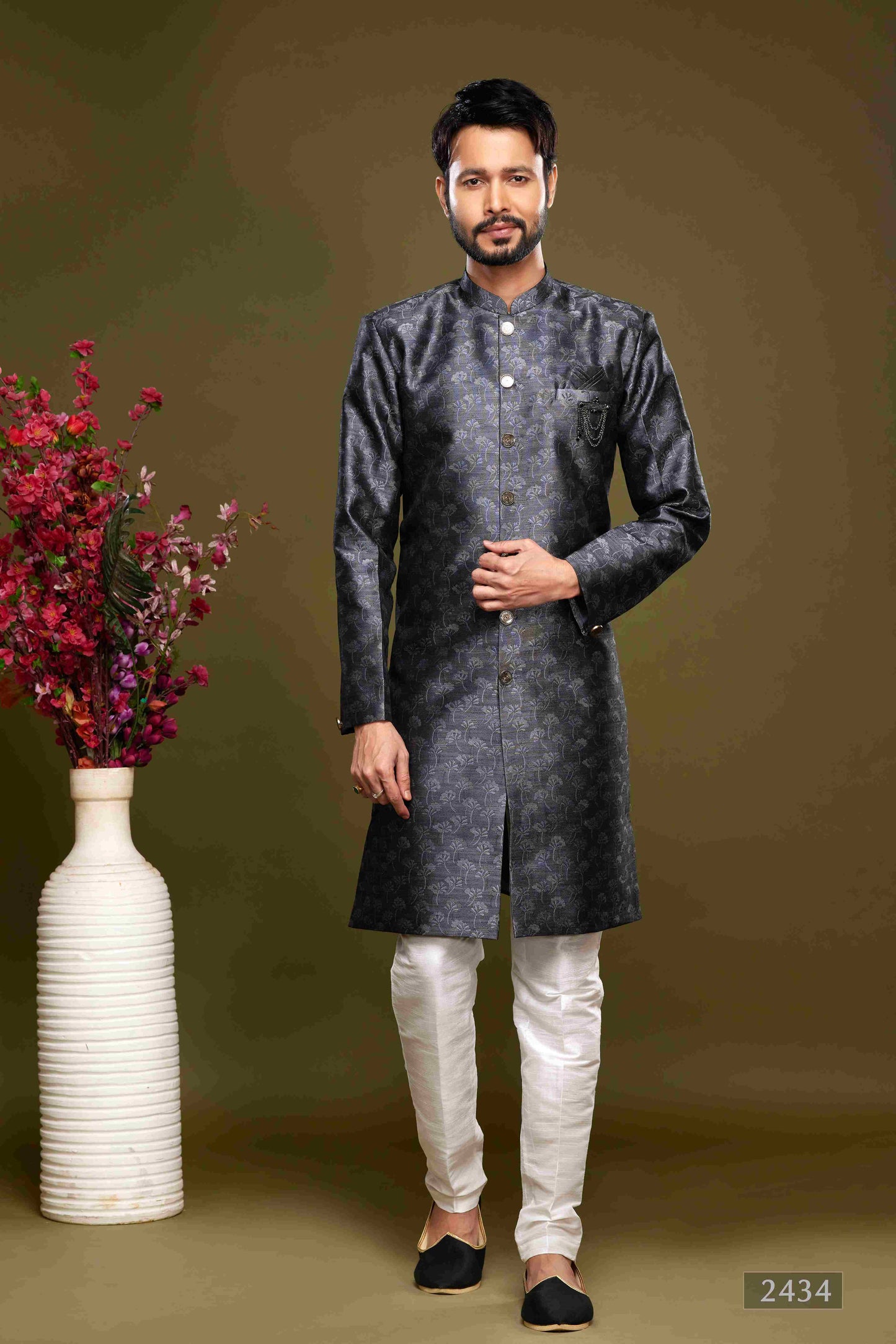 Raivat Ethnic Banarasi Jacquard Embroidery Semi Indo Western Sherwani In Black Colour | Swadesiicart