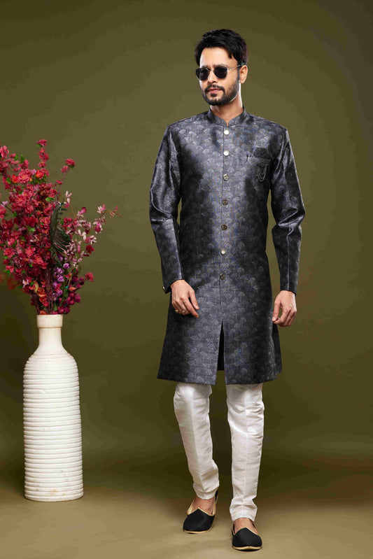 Raivat Ethnic Banarasi Jacquard Embroidery Semi Indo Western Sherwani In Black Colour | Swadesiicart